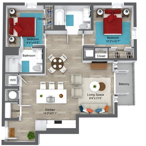 Floor plan for 2 beds, 2 baths, 955 sqft